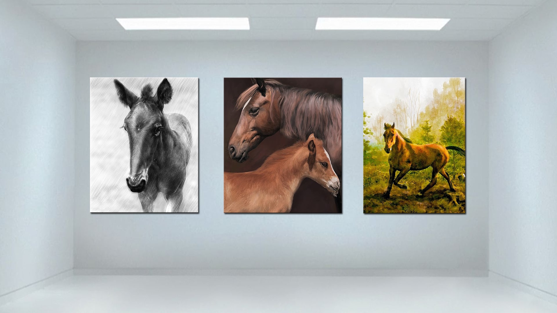 Portraits of horses made from pictures and displayed on wall in different artistic styles like oil and sketch.